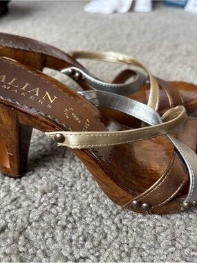 Italian Shoemakers Metallic Strappy Wood-Effect Heels in Gold & Silver